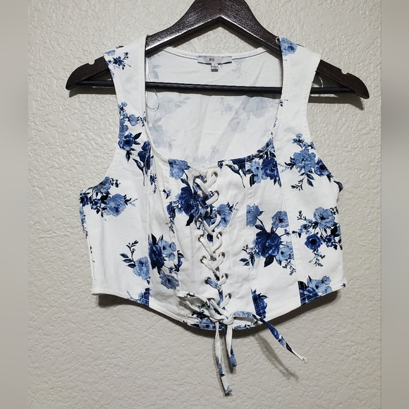 Blashe Tops - Blashe White Bustier Blue Rose Print Lace Up Corset Crop Top Junior/Womens Large